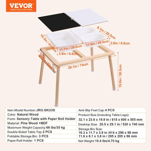 VEVOR Sensory Table for Toddlers, Kids Activity Table with 3 Foldable Storage Bins & Paper Roll Holder, Indoor/Outdoor Play Sand and Water Table, Wooden Kids Sensory Drawing Table, Gift for Boys Girls