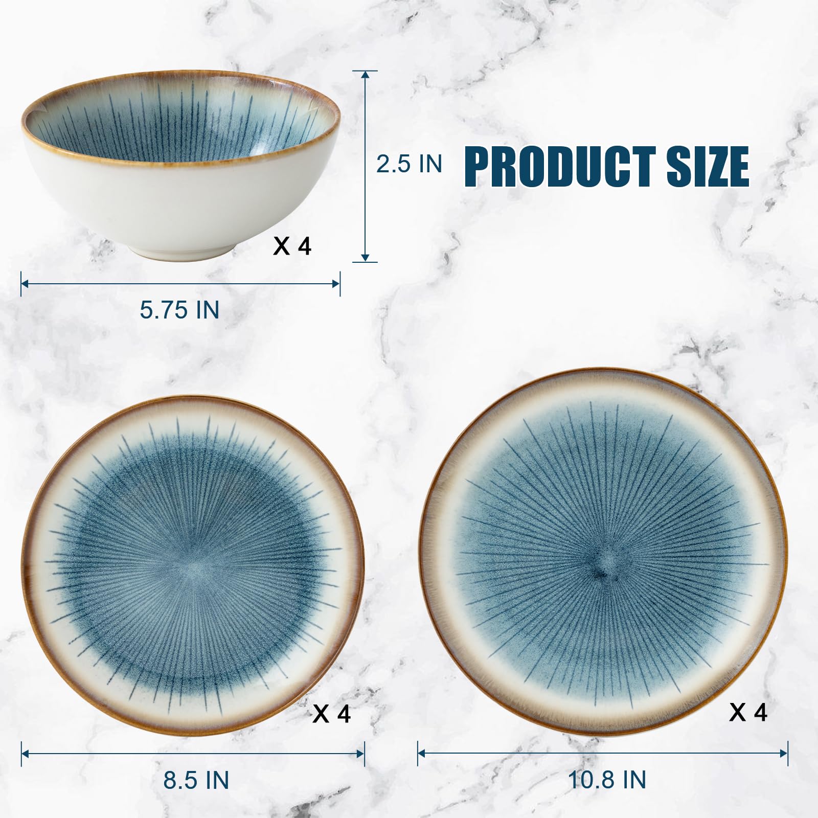 WHITEPEONY Blue Stoneware Dinnerware Set, 12 Pieces, Blue Stripe Marble, Dishwasher & Microwave Safe
