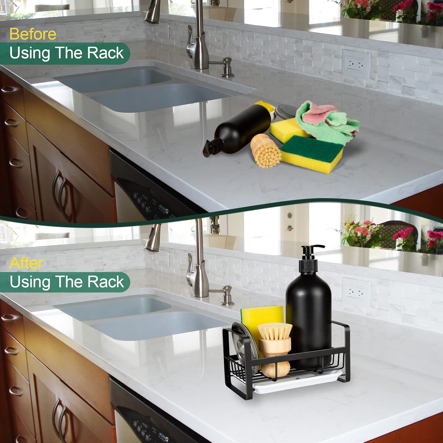 TEZZ Stainless Steel Sponge Holder - Kitchen Sink Caddy for Organizing Sponges, Brushes & Soap | Black