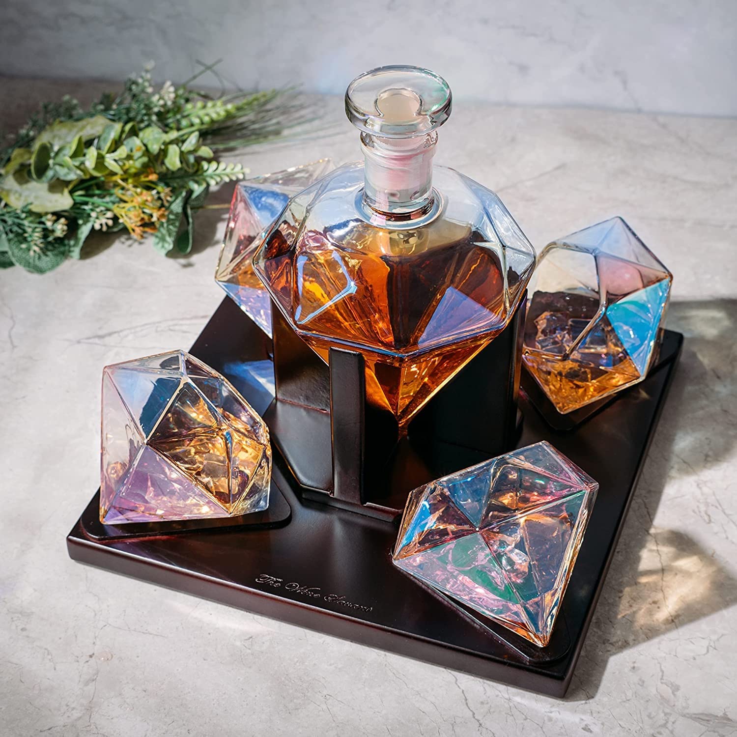The Wine Savant Diamond Whiskey & Wine Decanter, Iridescent Set - 750ml With 4 Diamond Glasses and Beautiful Mahogany Wooden Holder Liquor, Scotch, Rum, Bourbon, Tequila Tray Whiskey Gifts for Men