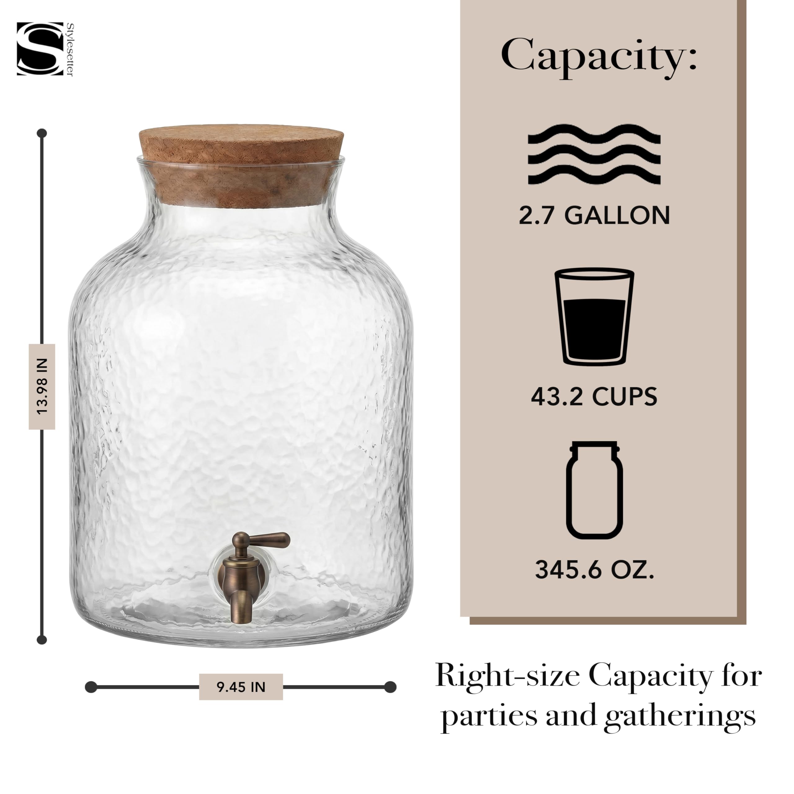 Style Setter Beverage Dispenser Cold Drink Dispenser w/ 2.7 Gallon Capacity Glass Jug, Cork Lid & Leak-Proof Acrylic Spigot, Great for Parties, Weddings & More