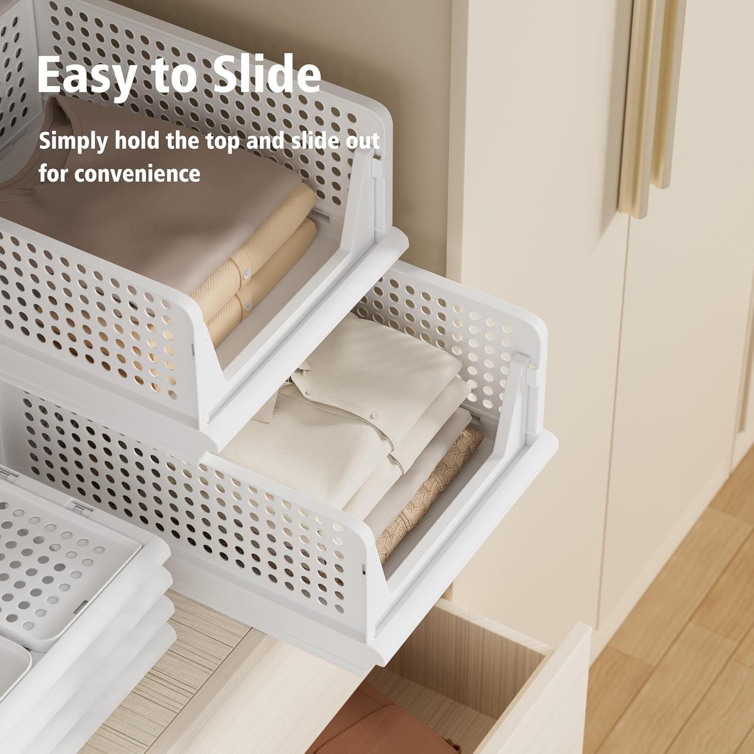 Proarea Stackable Storage Bins - 5 Pack Foldable Closet Organizers for Clothes | White Plastic Drawer Baskets