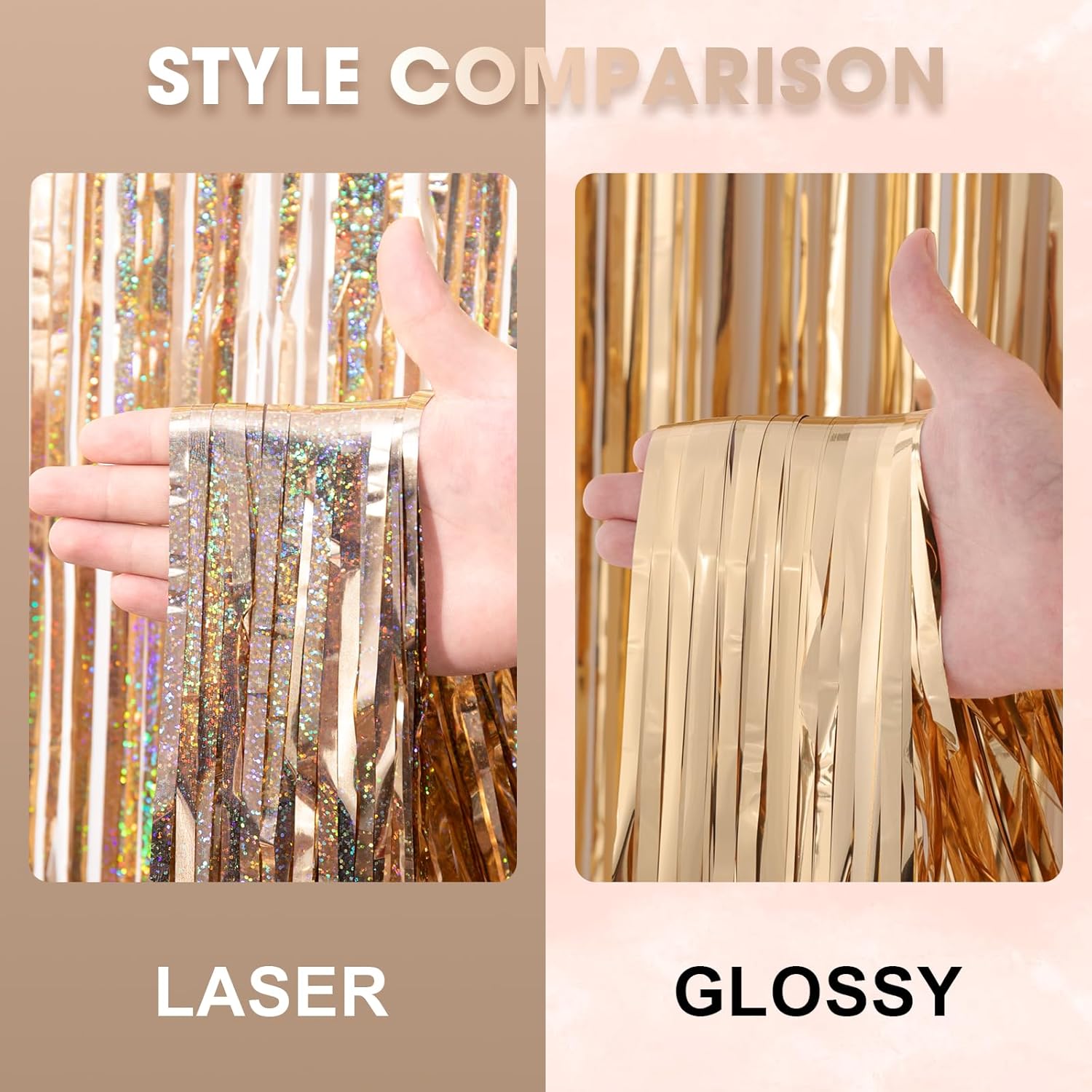 Voircoloria 3 Pack | 3.3 x 8.2 Ft Laser Champagne Foil Fringe Backdrop Curtains - Perfect for Parties & Events