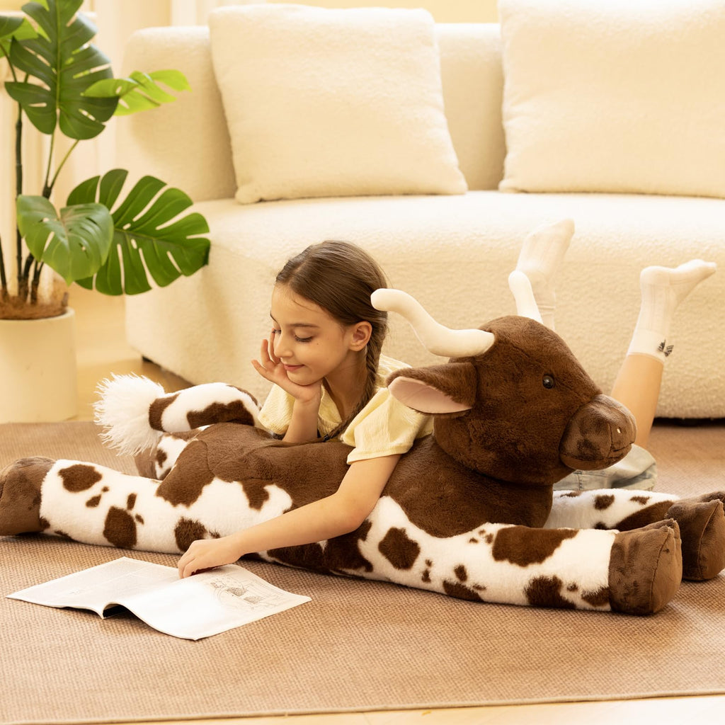 Tezituor 43.3 Giant Longhorn Cow Stuffed Animal, Hugging Fluffy Stuffed Cow Plush Body Pillow, Realistic Large Texas Longhorn Bull Farm Plush Toy for Boys Girls