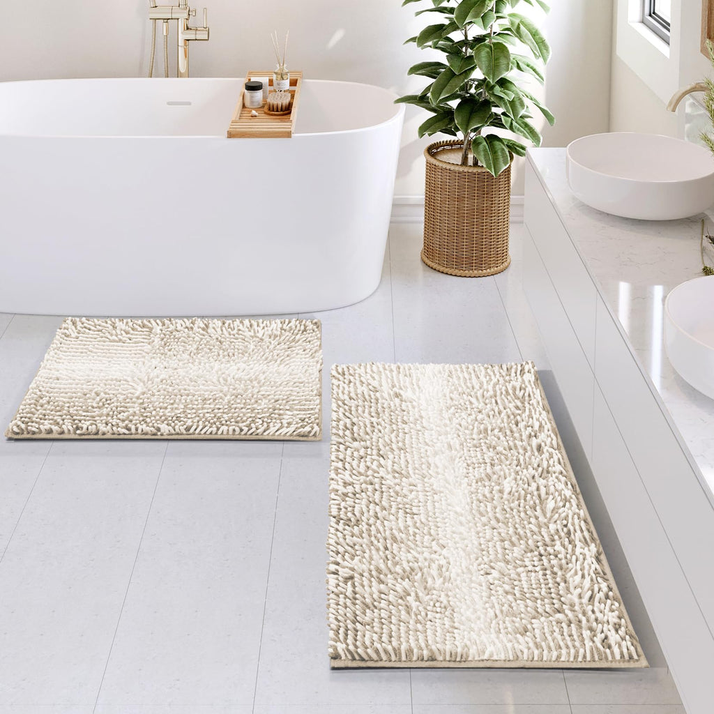 Hearth & Harbor Bathroom Rugs, Chenille Bath Mat - Machine Washable Bath Mats for Bathroom Non-Slip Backing Rubber, Quick Dry Bathroom Mat, 17 x 24 + 20 x 32 - Ombre Beige