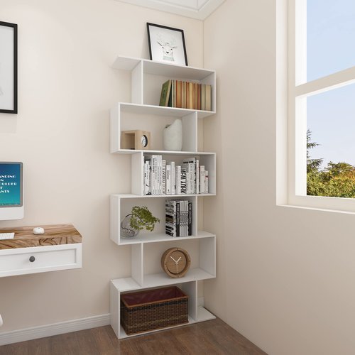 Yusong S Shaped Bookshelf, Modern Geometric Bookcase, 6-Tier White Display Case Book Shelf