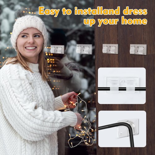 Hooks for Outdoor String Lights, 40Pcs Command Hooks Heavy Duty, String Light Clips with Waterproof Adhesive Strips, Christmas Rope Light Clips