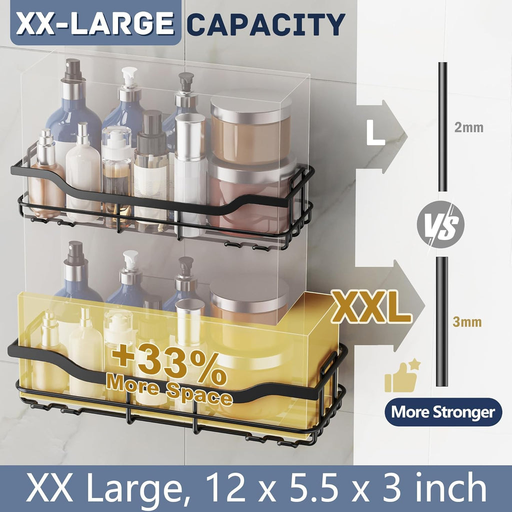 OMAIRA Shower Caddy - 3-Pack Rustproof No-Drill Organizer with Soap Holder | Black X-Large for Smooth Walls