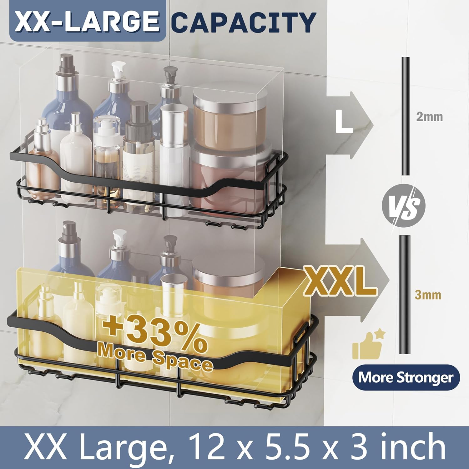 OMAIRA Shower Caddy - 3-Pack Rustproof No-Drill Organizer with Soap Holder | Black X-Large for Smooth Walls