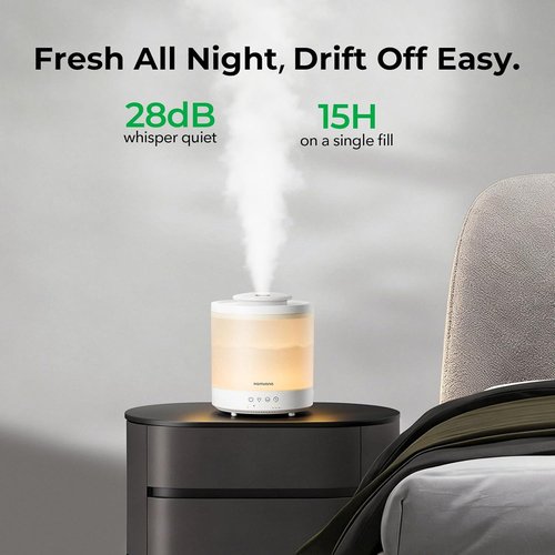 Homvana Small Humidifiers - 1.5L Cool Mist Top Fill Diffuser for Baby Nursery | 3-in-1 with 7 Color Lights
