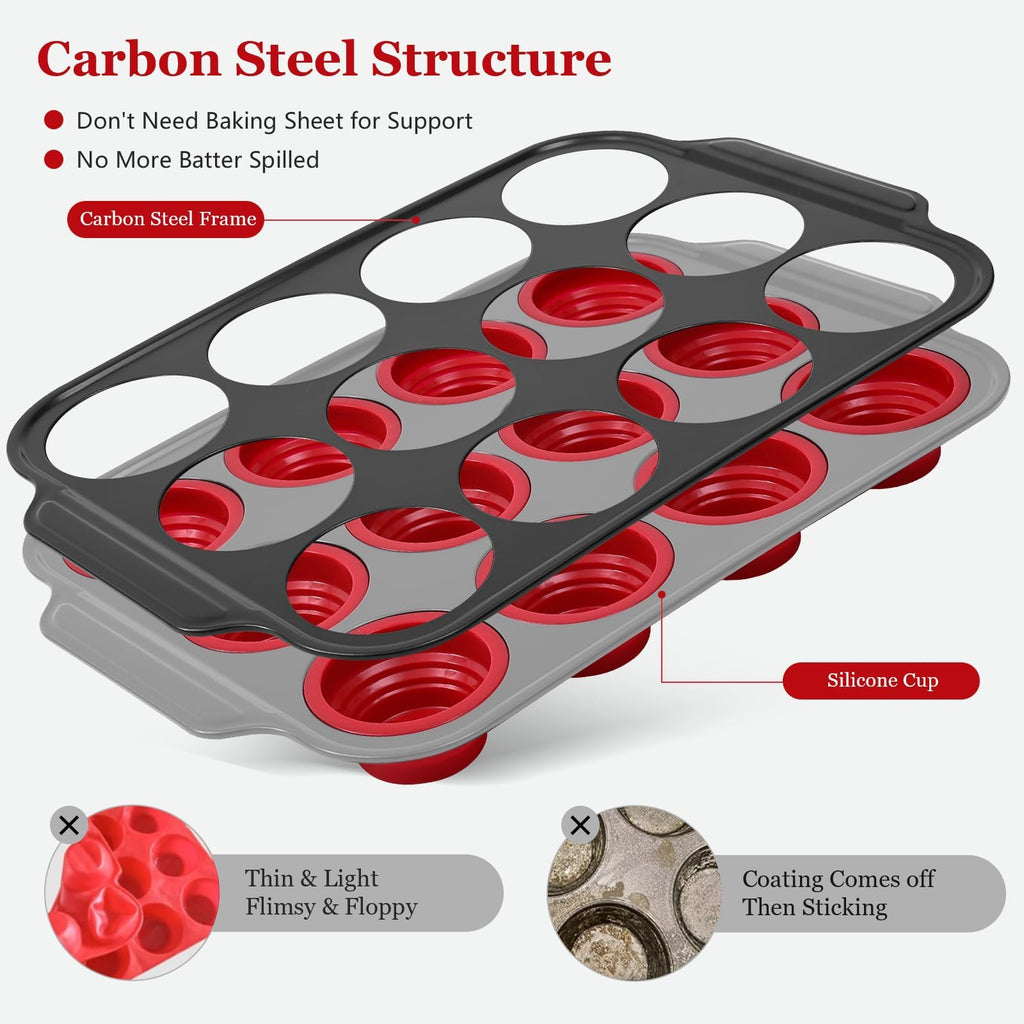 YiYeraio 12 Cups Silicone Muffin Pans for Baking with Metal Frame, Egg Bite Molds, Cupcake Pans Regular Size, Muffin Tins Easy to Pop Nonstick Non Toxic Bakeware for Oven Dishwasher Safe