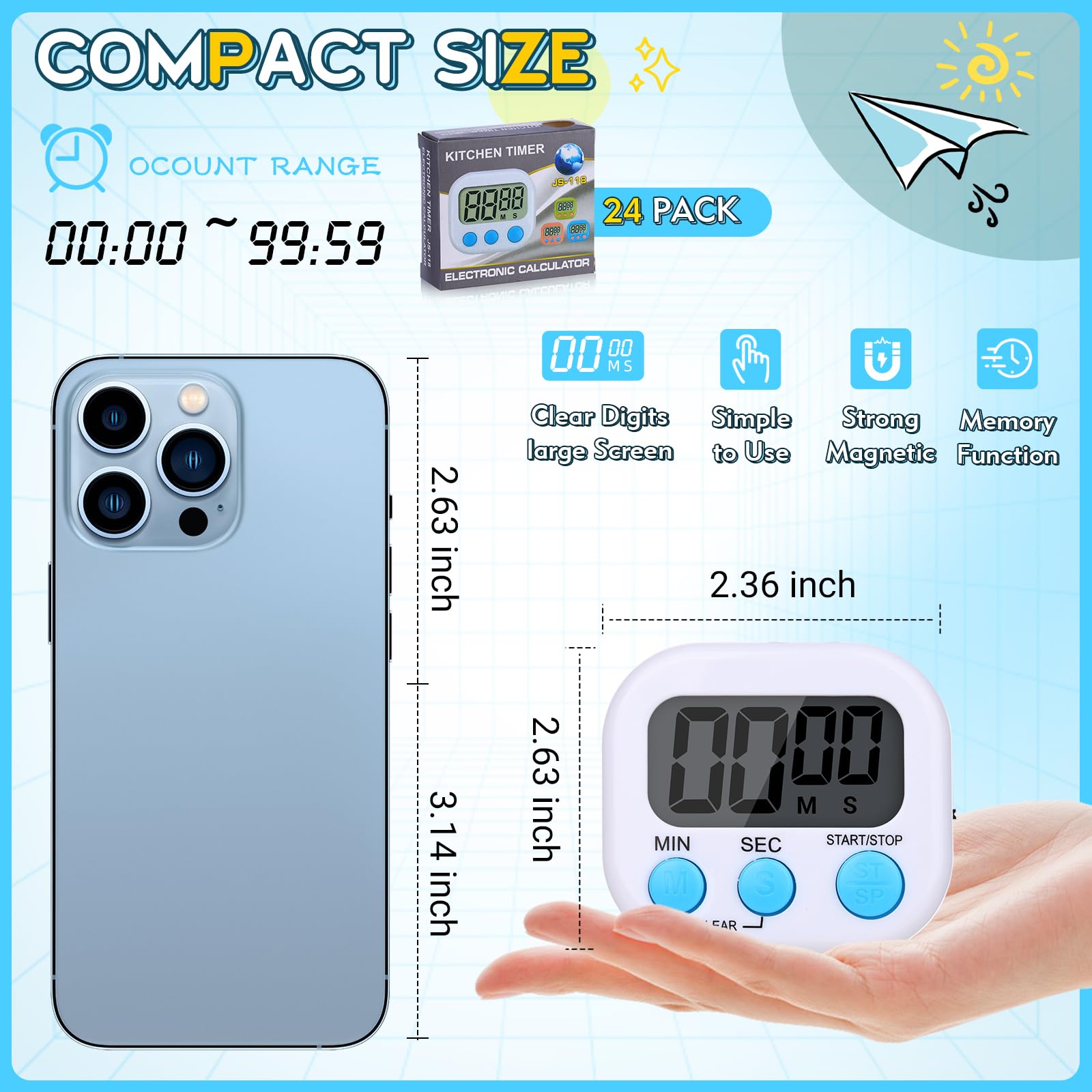 Mwellewm 24 Pcs Digital Timers for Classroom Kitchen Timers for Cooking Small Magnetic Stopwatch 6 Colors Mini Countdown Timer Loud Alarm Stop for Study Work Baking Sports Games Office Timer Clock