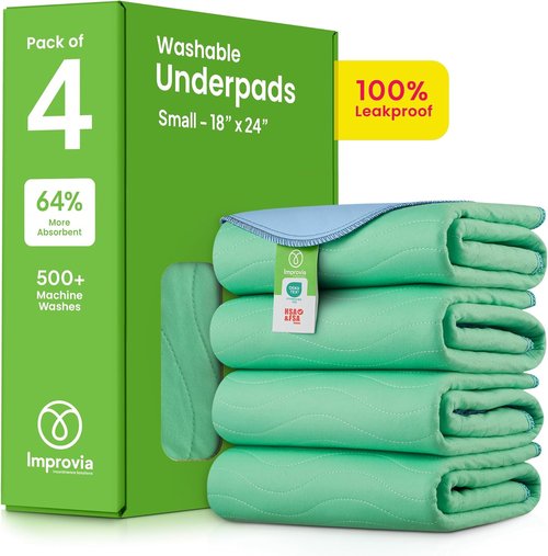 IMPROVIA® Washable Underpads - Heavy Absorbency Reusable Incontinence Pads | 18" x 24" (Pack of 4) - Waterproof Protection for Beds, Couches, and Floors