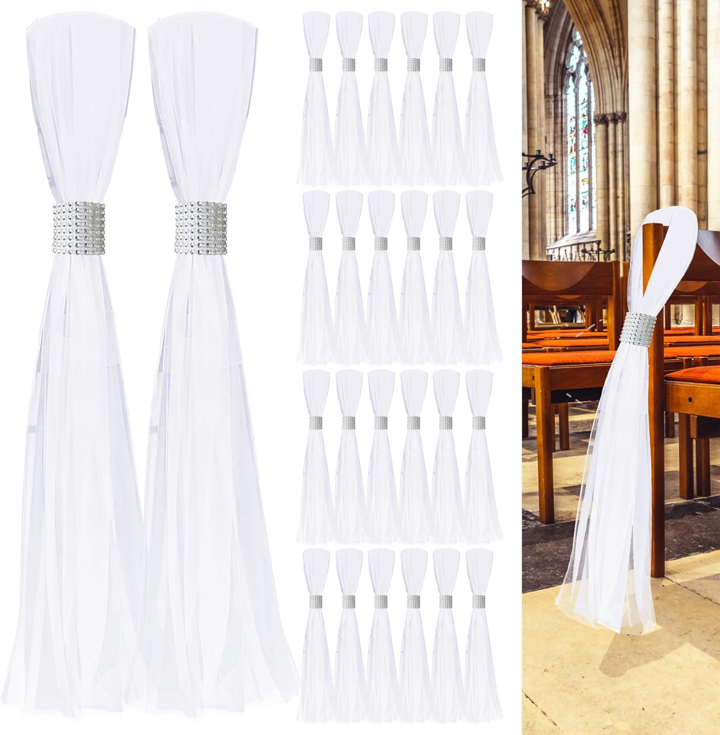 Skiennix 26 Sets Large White Pew Bows - Tulle Wedding Aisle Chair Decorations for Ceremonies