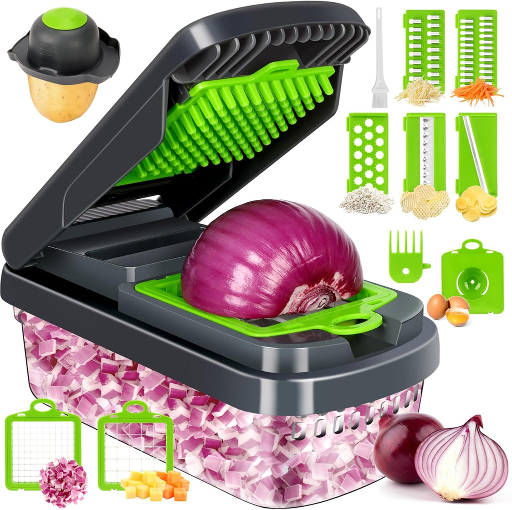 Yusshn Vegetable Chopper - 12-in-1 Multifunctional Food Chopper with 7 Blades | Grey Kitchen Essential