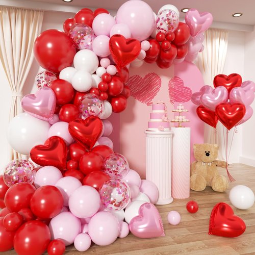 PityBlns Valentine's Day Balloon Arch Kit - 153Pcs Pink and Red Heart Foil Balloon Red and Pink White Balloons Garland Kit for Valentines Day Galentine's Day Anniversary Wedding Party Decorations