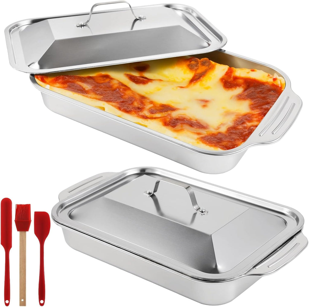 Skiennix Stainless Steel Cake Pans - 9x13 Rectangular Baking Trays with Silicone Brush & Spatula