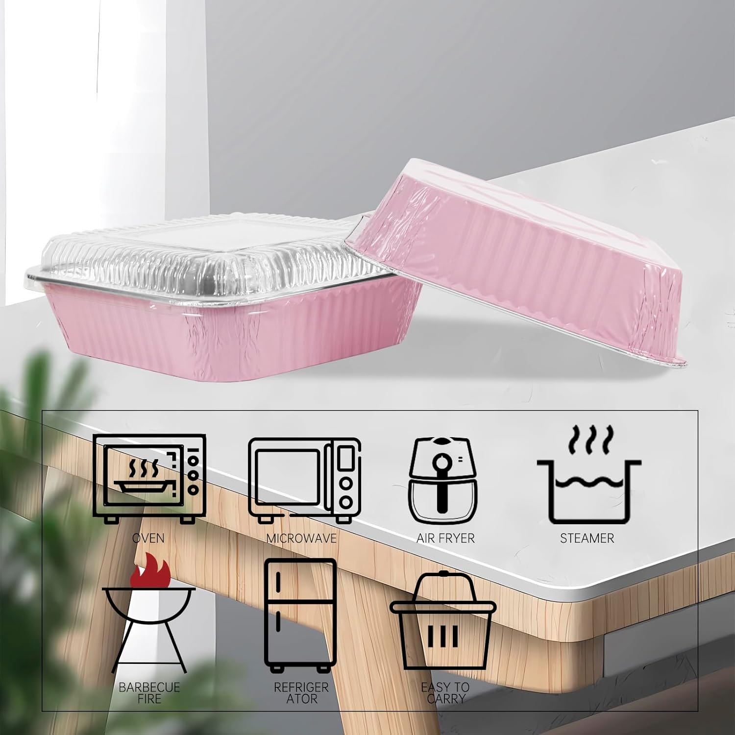 Aluminum Pans 50 Pack - 8"x8" Disposable Foil Containers with Lids for Baking & Storing | Pink
