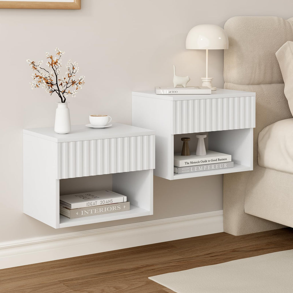 AURINEST Floating Nightstand Set of 2, Modern Wall Mounted Bedside Tables with Fluted Drawer, Night Stand Small End Table with Open Storage Shelf for Bedroom, Living Room, Small Spaces, White