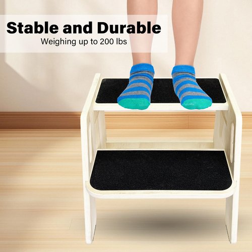 Wooden 2-Step Stool for Kids, Portable Step Stool with Handles & Non-Slip Pads, Natural Toddler Stepingstool for Kitchen, Bathroom, Bedroom, and Sink Use