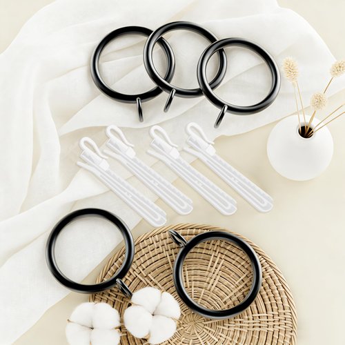 1.25 Inch Curtain Rings with Hooks, 30 Pack Black Metal Drapery Rings with Pins Hooks for Window Door Bathroom Shower Curtain