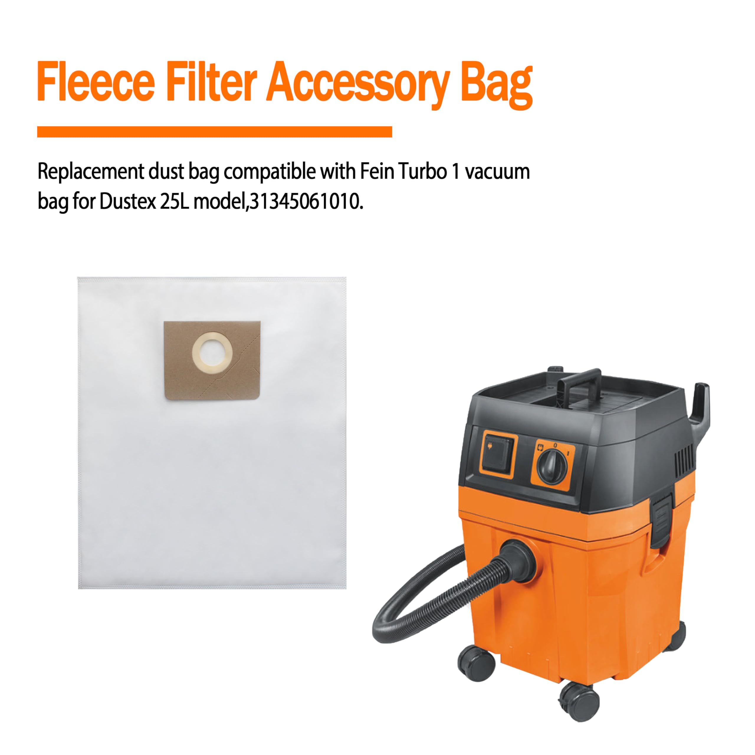 31345061010 Filter Bag for Fein Turbo I Vacuums, Replacement Dust Bags for Turbo 1 Vacuum, Tear-Resistant Non-woven Vacuum Filter Bag 2-3 Times More Capacity, Filter Bag for Dustex 25L Model, 5 Pack