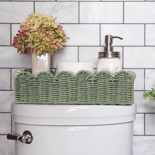 CubesLand Toilet Paper Storage Basket - Scalloped Edge Green Decor | Cozy Home Accessory with 2 Wooden Handles
