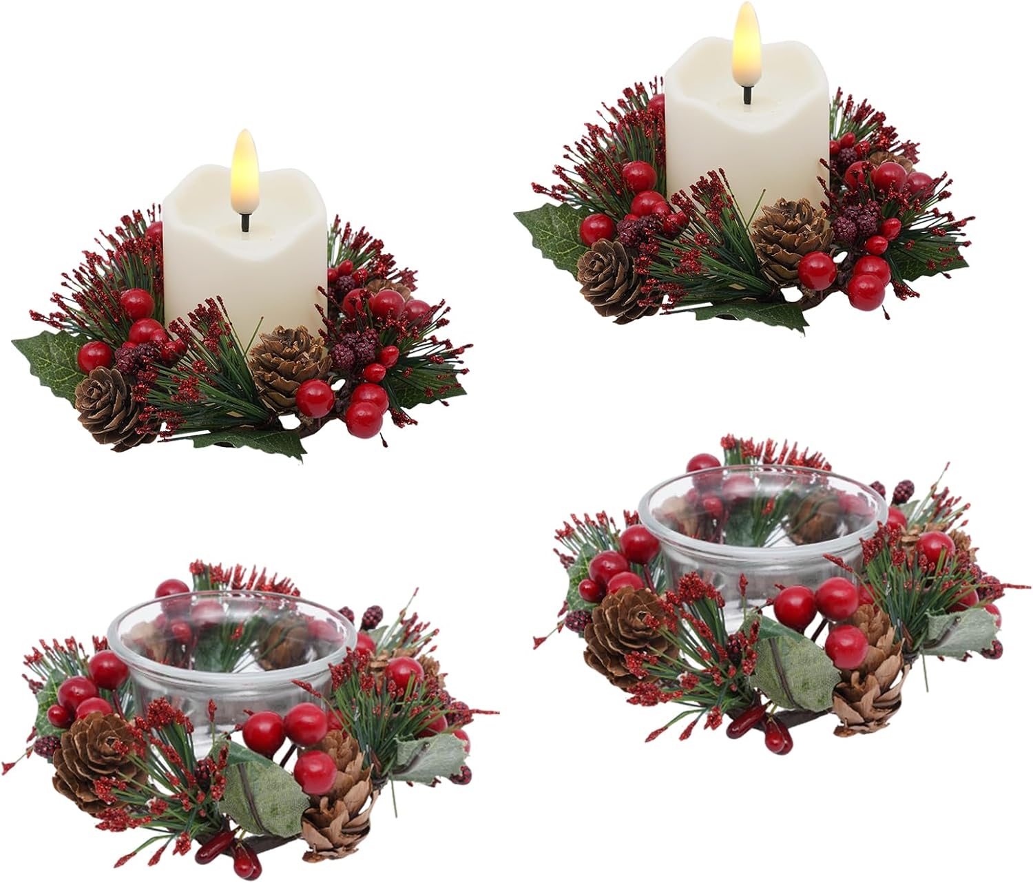 Regine Switzerland Candle Rings Set of 4 - Festive Wreaths with Red Berries & Pinecones for Holiday Decor