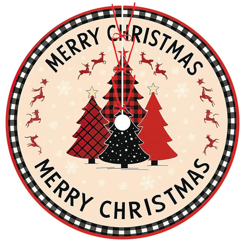 Buffalo Plaid Christmas Tree Skirt 30 Inch - Red & Black Snowflake Reindeer Xmas Mat, Xmas Tree Decor - Variation: Buffalo Plaid+30 inch