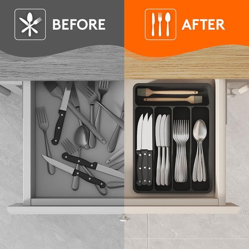 Lifewit Silverware Drawer Organizer Tray, Plastic Cutlery Storage for Kitchen, Flatware and Utensil Holder Divider for Spoons Forks Knives Tableware, 9.1 x 12.6", 5 Slots, Black