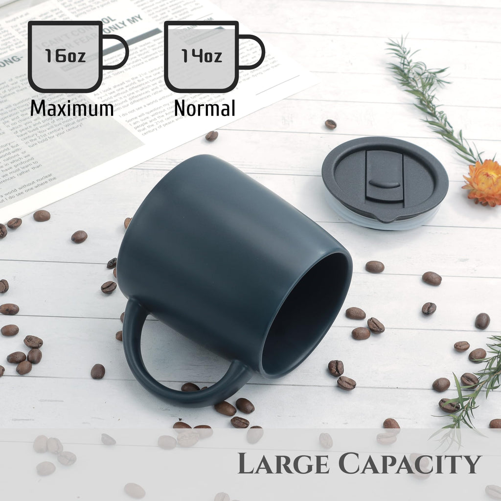 LINVIA Classic Mug, 14 oz Large Coffee Mug with Handle, Ceramic Porcelain Tea Cup, Smooth Matte (Sliding Lid, Navy Blue)