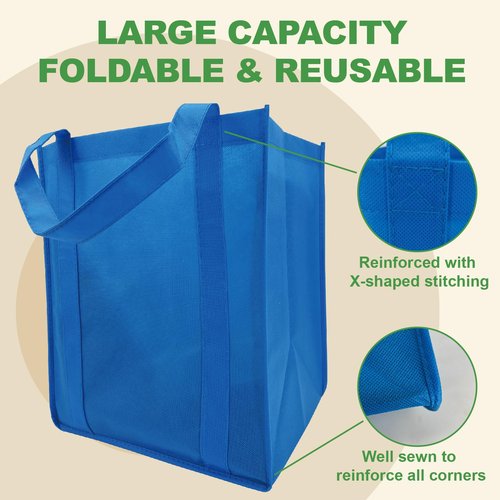 10 Pack Reusable Shopping Bags - 14.9x12.6x9.4 Inth Bulk Tote Bag for Grocery with 5 Pack Thick Plastic Bottom can Hold 50 Lbs, Foldable & Durable with Reinforced Handles