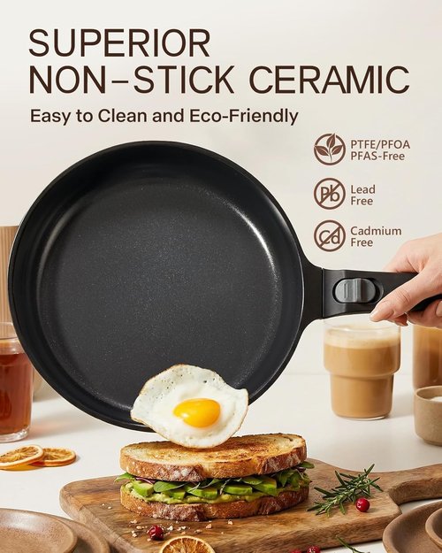 USELUCK 9.5 Inch Nonstick Frying Pan with Detachable Handle, Non Toxic Ceramic Skillet for Cooking, Induction Cookware with Removable Handle, Dishwasher & Oven Safe, PFAS PFOA & PTFE Free, Black