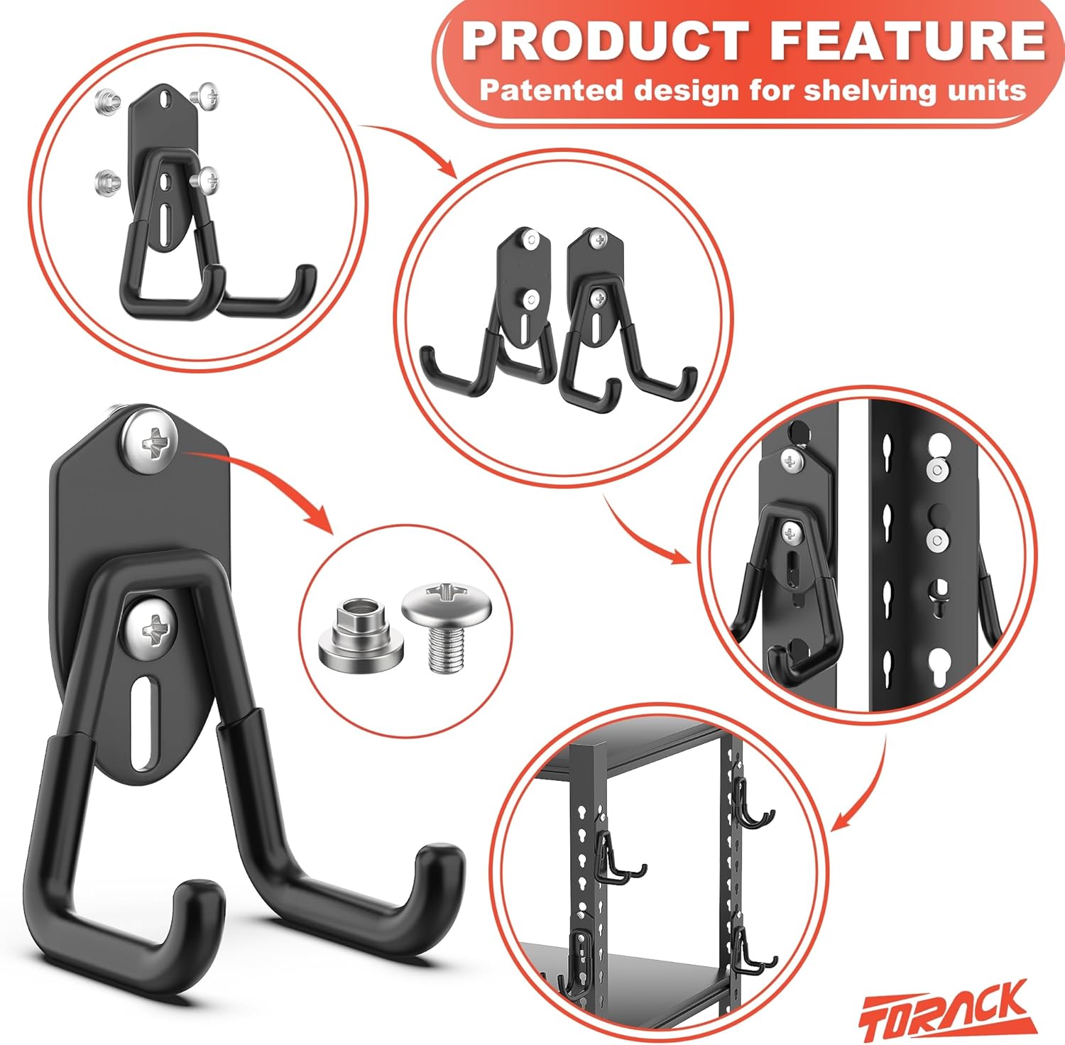 TORACK 15 PCS Garage Storage System Hooks - Wall Mount Utility Hooks for Tools, Ladders & More (Black)
