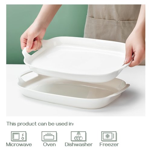 DOWAN Serving Tray with Handles, 15.4" Large Platters for Wedding Decor, Porcelain Serving Dish for Entertaining, White Plates for Salad Meat Fruit Dessert, Set of 2