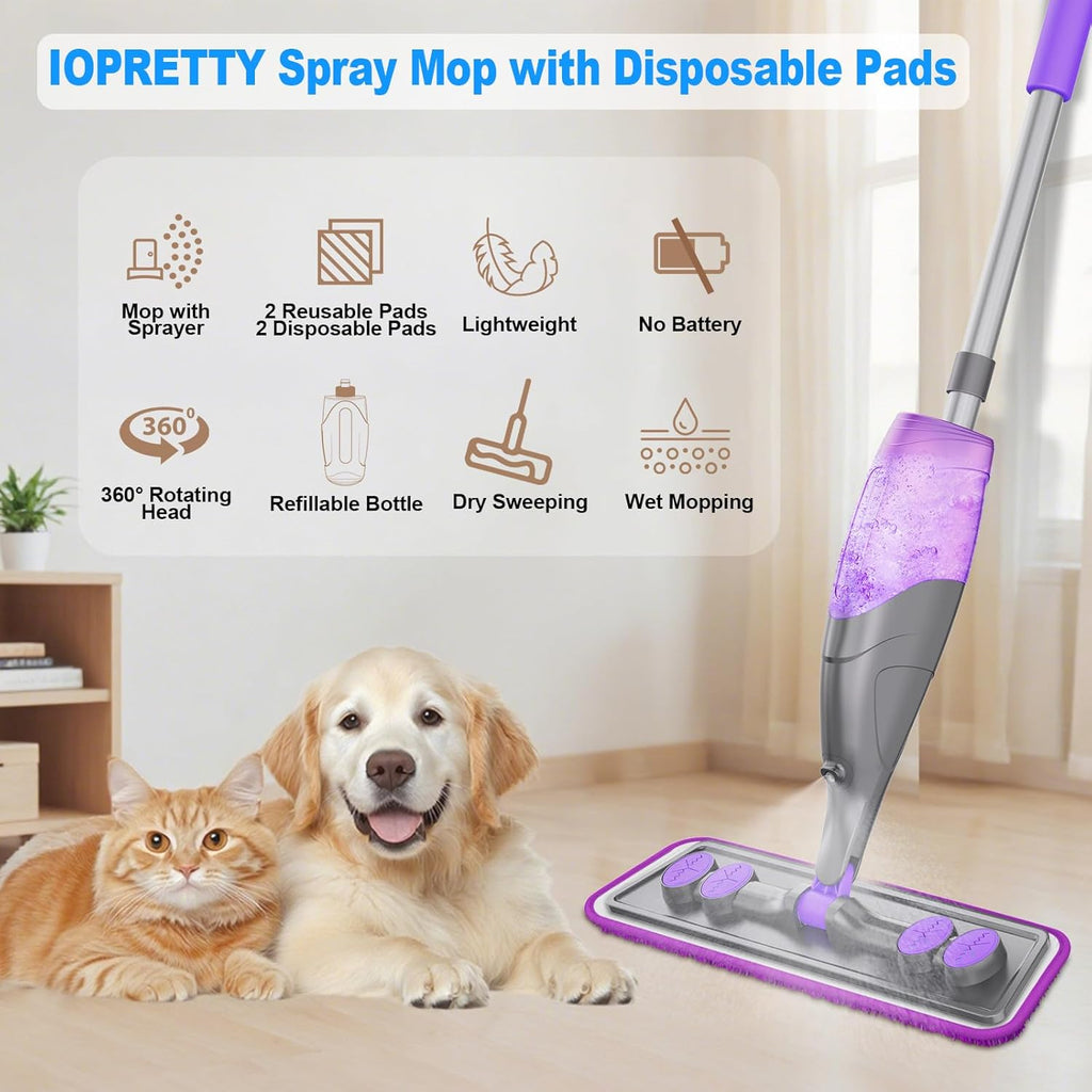 Skiennix Spray Mop - Versatile Wet Dry Cleaning with 2 Washable & 2 Disposable Pads | Refillable Bottle for Hardwood & Tile Floors
