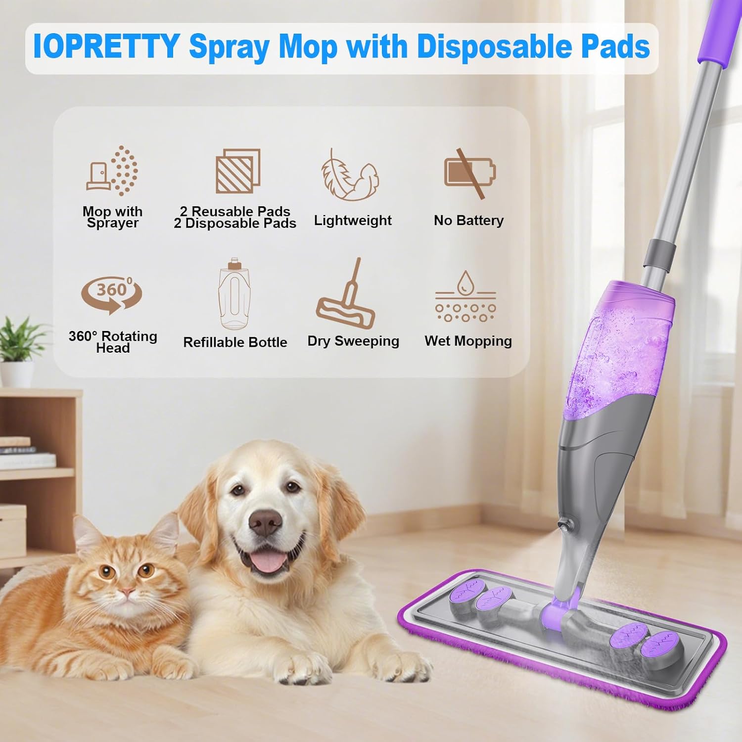 Skiennix Spray Mop - Versatile Wet Dry Cleaning with 2 Washable & 2 Disposable Pads | Refillable Bottle for Hardwood & Tile Floors