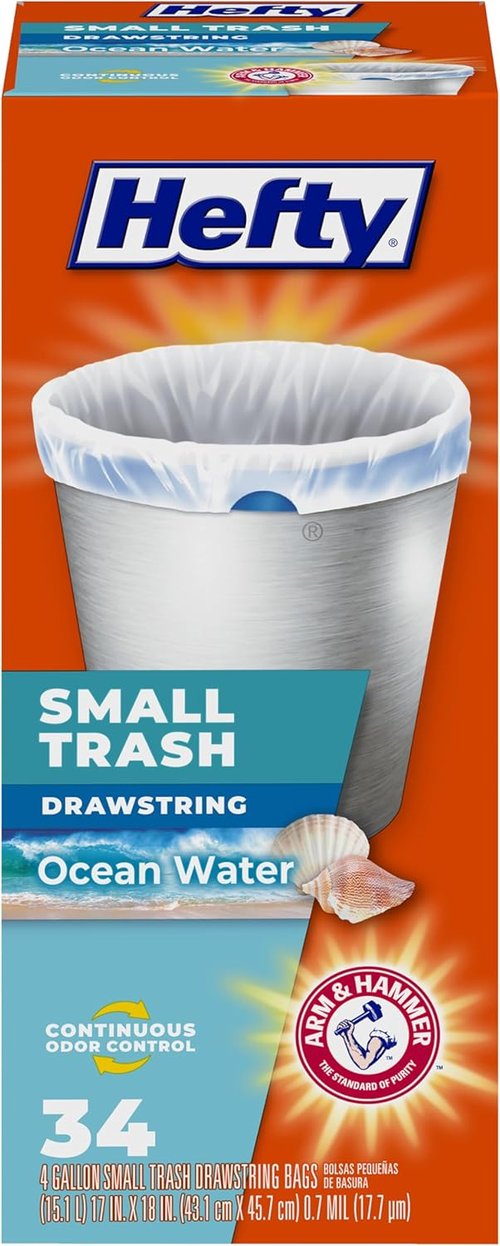 Hefty Small Trash Bags - Ocean Water Scent | 4 Gallon Size, 34 Count for Odor Control