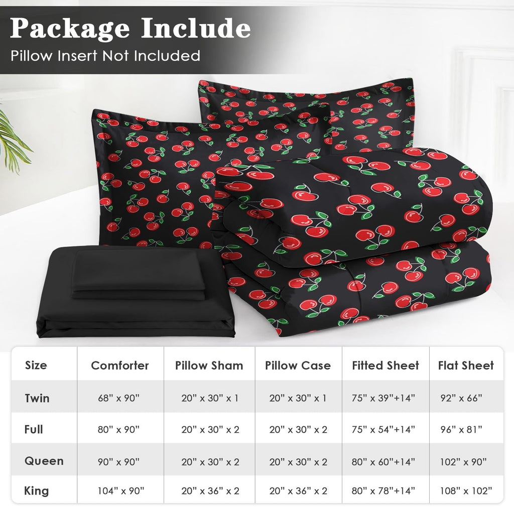 Nesker 7 Pcs Comforter Set Queen Size, Red and Black Bedding for Kids Teen, Cherry Fruit Bed Sheet with Pillowcase & Sham