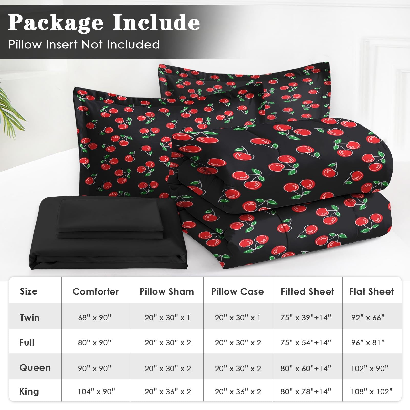Nesker 7 Pcs Comforter Set Queen Size, Red and Black Bedding for Kids Teen, Cherry Fruit Bed Sheet with Pillowcase & Sham