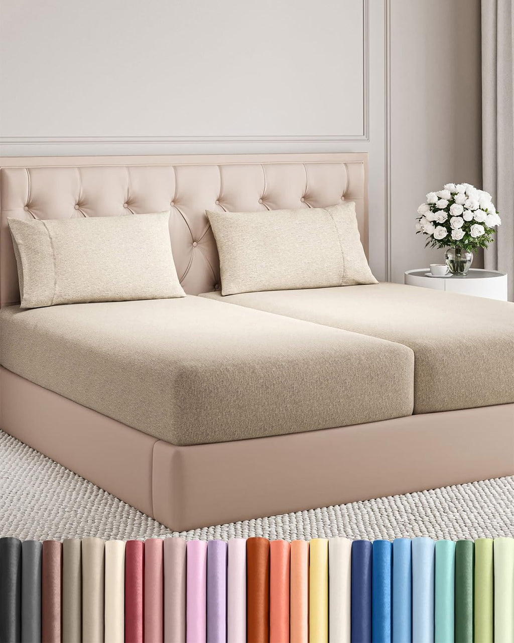 Skiennix Split King Size 5-Piece Sheet Set - Comfy, Breathable & Cooling Luxury Bedding - Deep Pockets, Wrinkle-Free, Beige