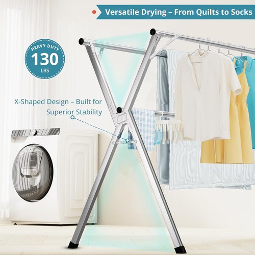 JAUREE Clothes Drying Rack - 79 Inches Heavy Duty Stainless Steel | Foldable Indoor/Outdoor with 20 Windproof Hooks