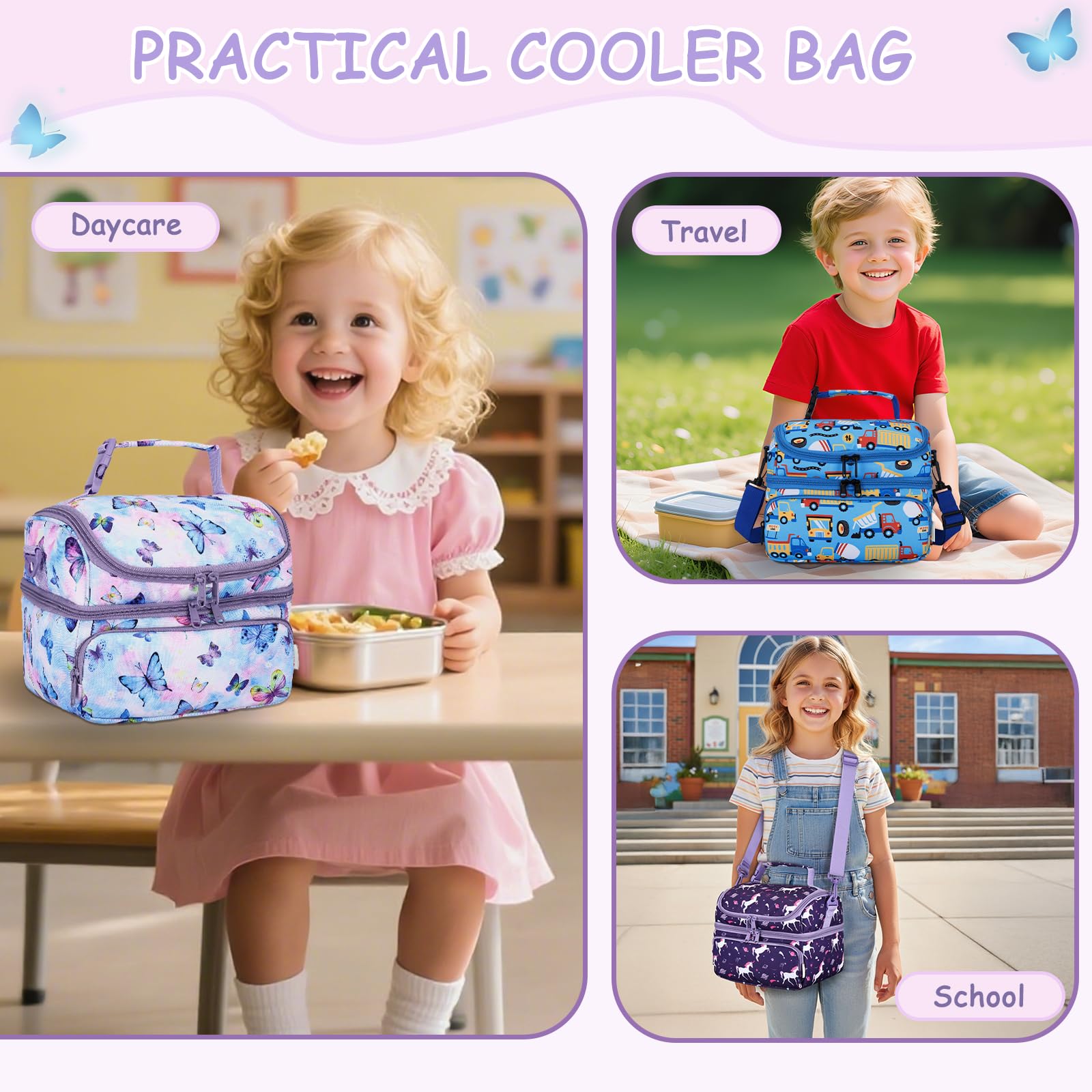 Kasqo Lunch Bag Kids, Dual Compartment Insulated Cooler Bag 7.5L Girls Boys Toddler Lunch Box Containers for Daycare School Kindergarten Travel Ombre Butterfly