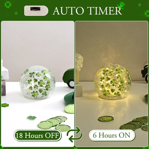 FRAMICS 2 PCS St Patricks Day Decorations 4" Shamrock Globe Night Light with Timer Clover Crackle Glass Ball Light for Table Centerpieces Lighted Decorative Ball Lamp Tabletop LED Light Decor Gift