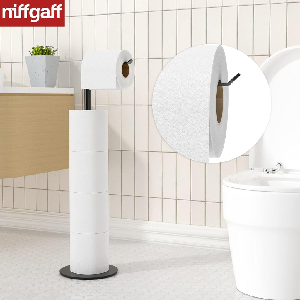 Skiennix Black Toilet Paper Holder Stand - Stainless Steel Free-Standing Dispenser for 4 Rolls