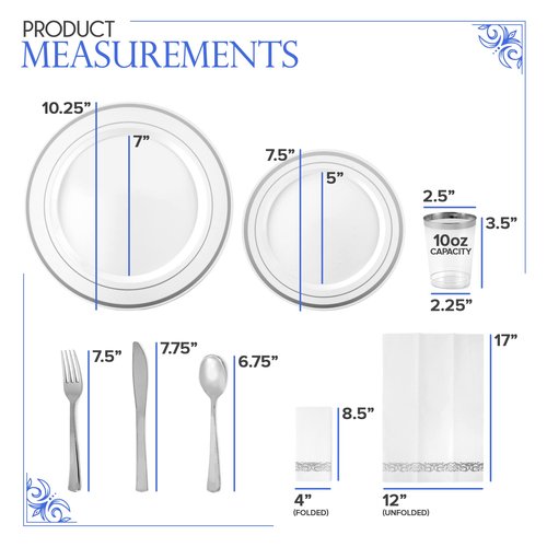 700 Piece Silver Dinnerware Set: 200 Silver-Rim Plastic Plates, 100 Silver Silverware, 100 Plastic Cups, 100 Cloth-Like Napkins, Bulk Wedding Plates Disposable Set 100 Guests