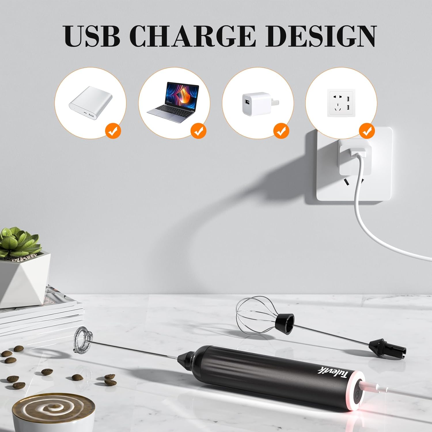 Milk Frother Handheld - Electric Coffee Frother Wand with USB Rechargeable 3 Speeds | Mini Black Frother for Lattes, Cappuccinos, and More