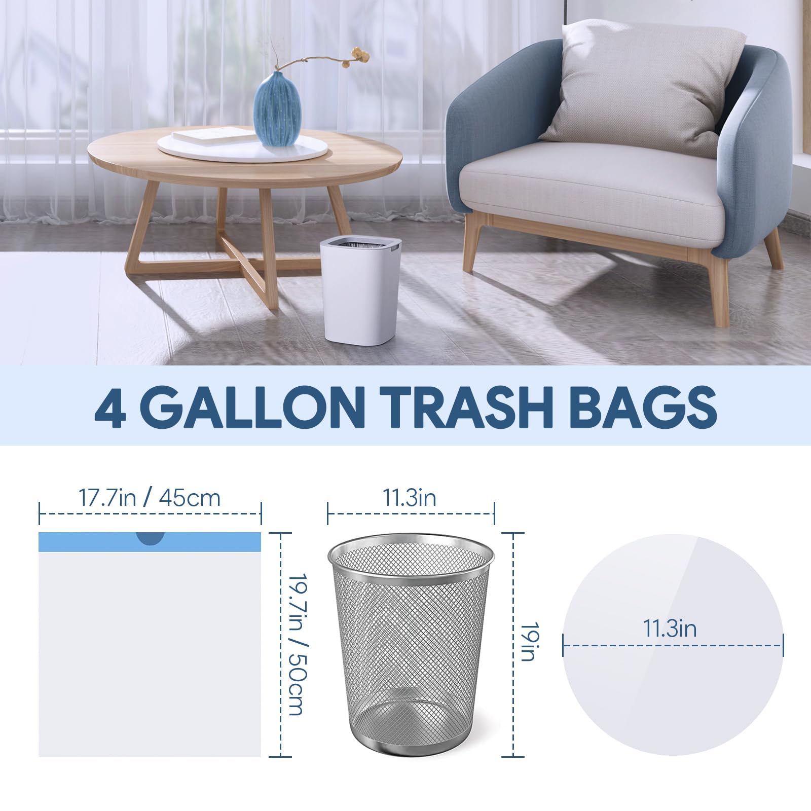 4 Gallon Small Trash Bags, Drawstring 4 Gallon Garbage Bags, Tear-Free Separated Unscented White Small Trash Bags Plastic Wastebasket Liners for Bathroom Toilet Home Office and Bedroom, 80 Count