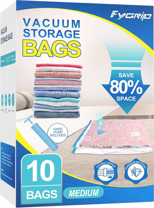 Fygrip Vacuum Storage Bags - Space-Saving Vacuum Seal Bags with Hand Pump | 10 Medium Plastic Bags for Clothing, Travel & Comforters