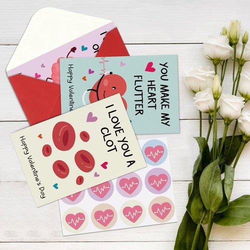 Leinessy 24 Pack Medical Valentine's Day Cards with Envelopes & Stickers, Medical Pun Valentine's Day Cards Bulk for Coworker Nurse Doctor Healthcare Workers - 4x6 Inch, 8 Assorted Designs